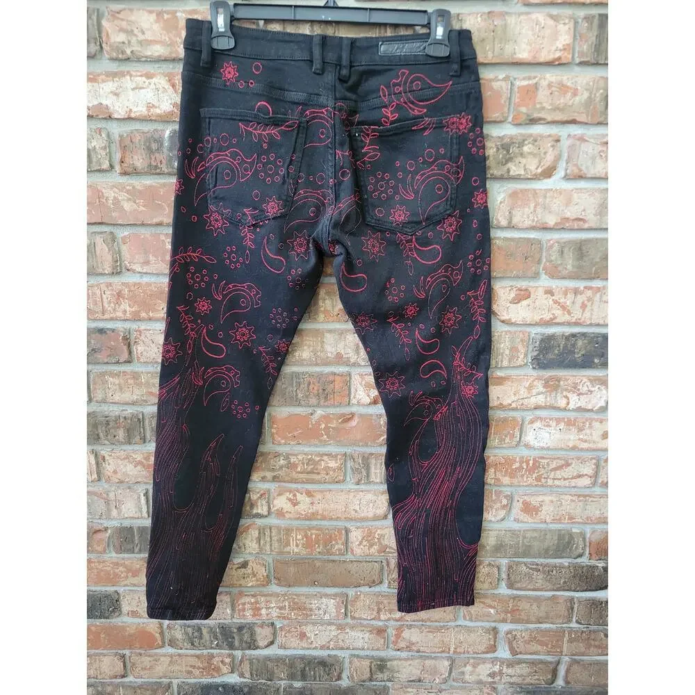 Embellish Mens Black Jeans Size 32 Red Paisley Embroidered Streetwear Skinny - Picture 5 of 6
